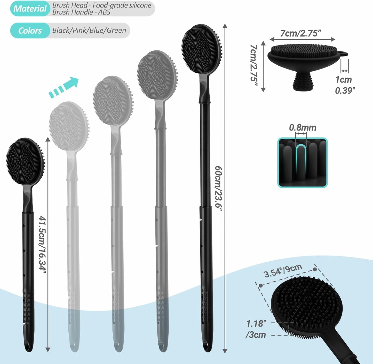 Adjustable Silicone Back & Face Scrubber Set, 16''-24'' Extendable Shower Back Scrubber with Dual-Side Head and Lathering Bristles, Manual Face Scrubber with Soft Bristle Non-Slip Handle(Black)