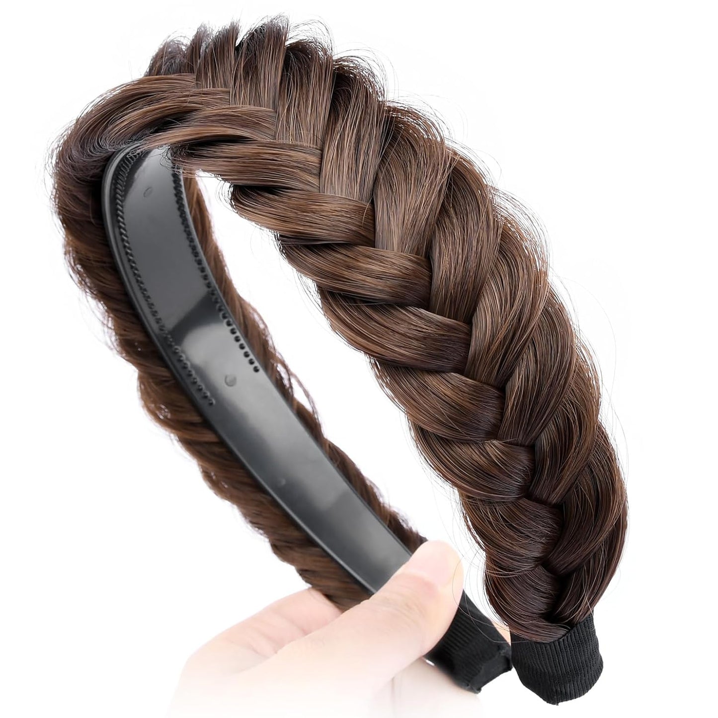 DIGUAN Wide Messy Braided Headband With Teeth Synthetic Hair Plaited Headband High Elasticity Braids Chunky Fishtail Braided Hair Band Hairpiece for Girls Women (Chestnut)