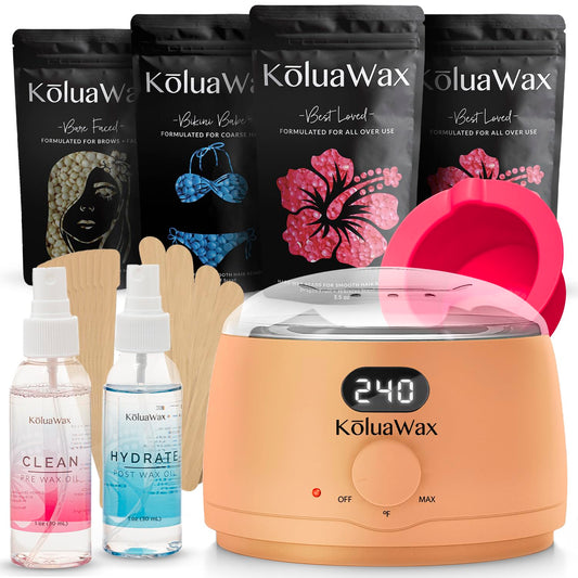 KoluaWax Premium Waxing Kit for Women - Hot Melt Hard Wax Warmer for Hair Removal, Eyebrow, Bikini, Legs, Face, Brazilian Wax - Machine, 4-Pack Beads, Accessories, Peach Fuzz