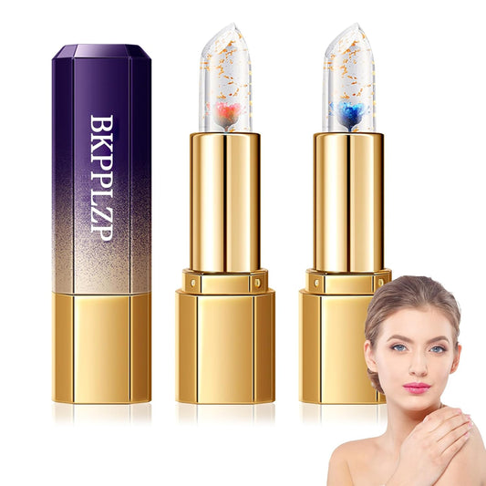2 Pack Crystal Flower Jelly Lipstick,Magic Color Changing Lipstick,PH Clear Temperature Color Changing Lip Gloss,Lip Balm,Long Lasting Nourishing Moisturizing Lip Stick Set H01+02