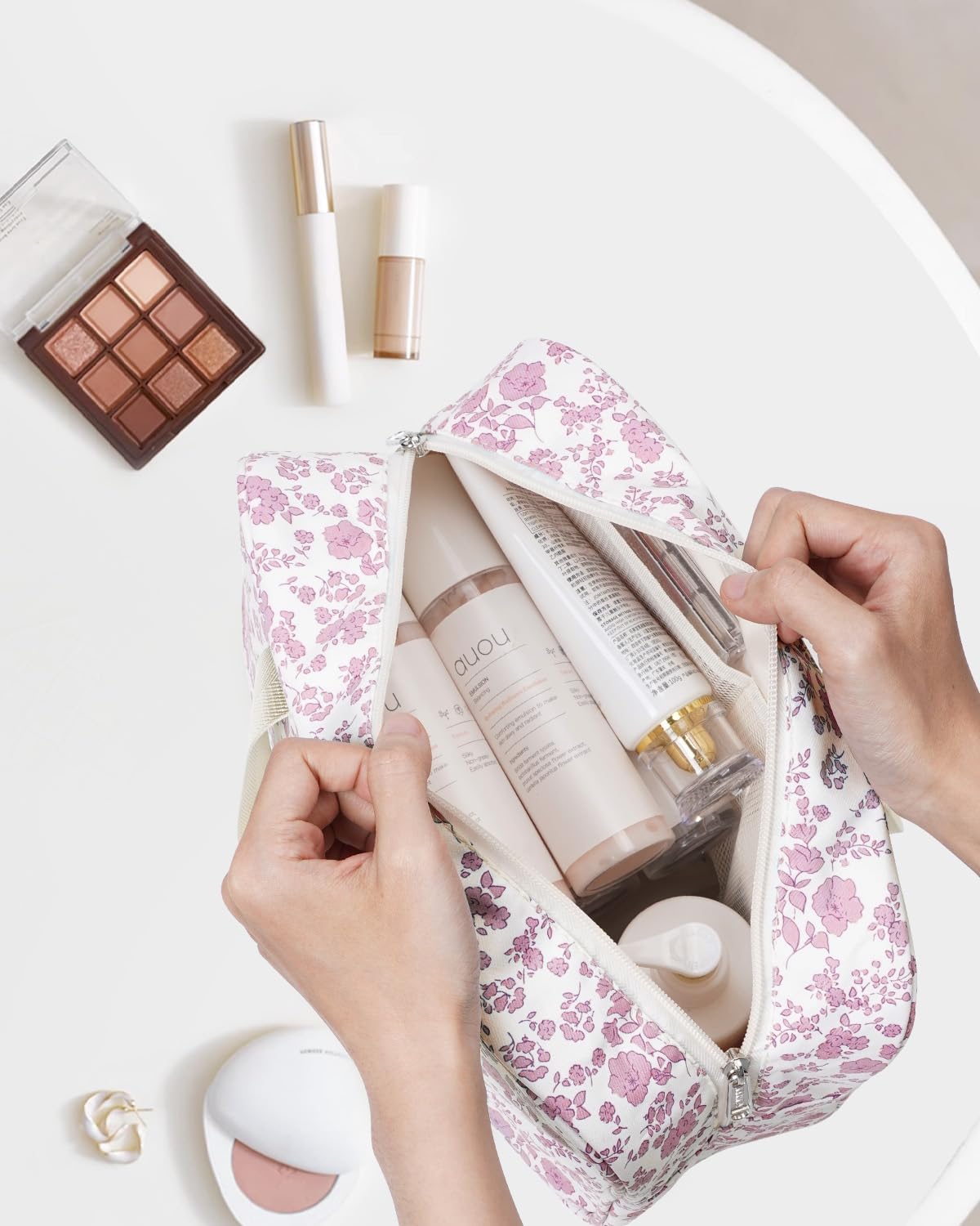 Narwey Large Floral Travel Toiletry Bag Women Toiletries Bag Skincare Bag Makeup Bag Organizer Make up bag Cosmetic Bag Medicine Bag for Girls (Little Dusty Pink Flower, Large)