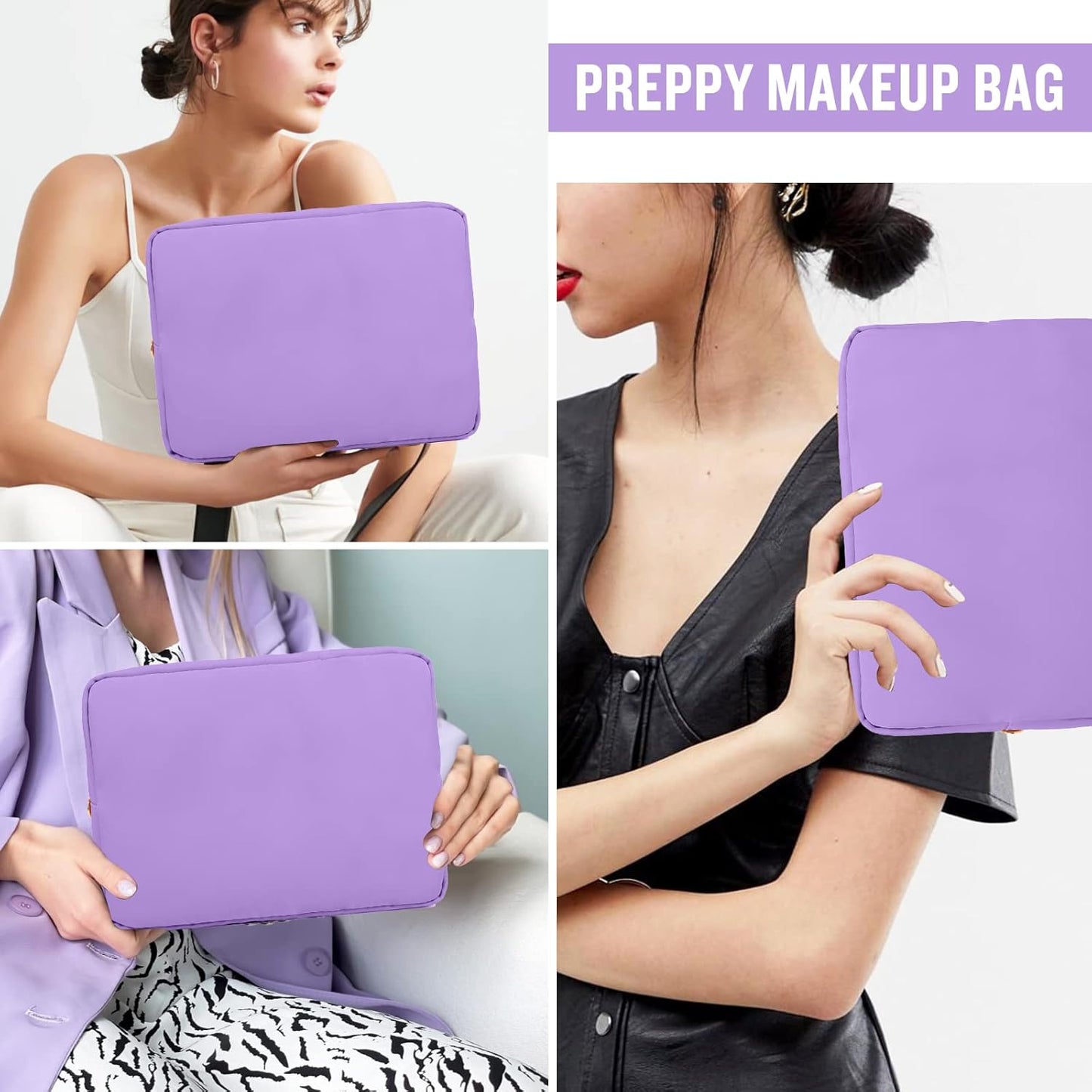 Nylon Large Makeup Bag Travel Cosmetic Bag Pouch, Preppy Big Makeup Bag Cute Cosmetic Zipper Pouch Purse, Waterproof Toiletry Bag Clutch Makeup Organizer Travel Essentials for Women Men Girls(Purple)