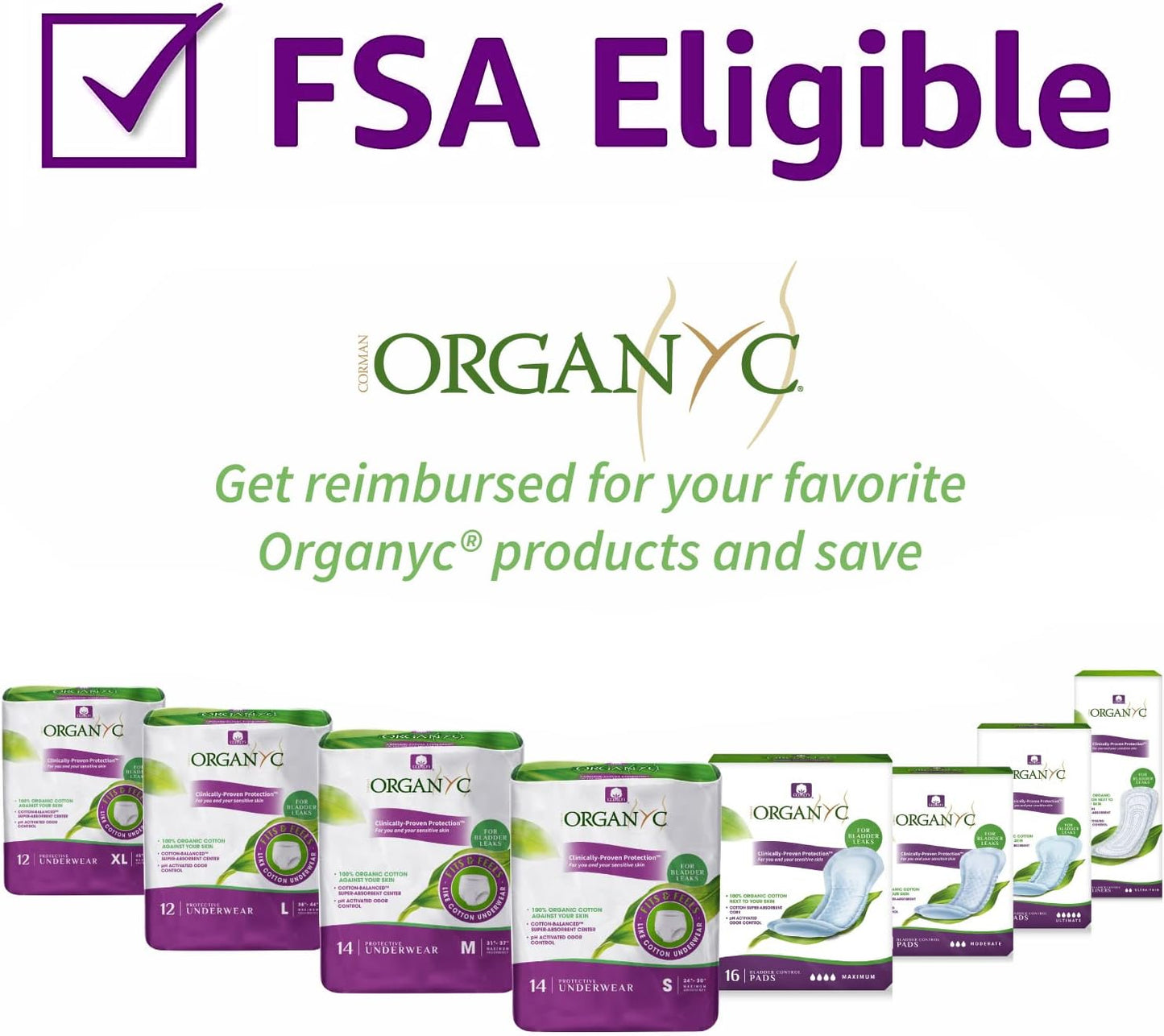 Organyc 100% Organic Cotton Inside and Out Incontinence Pads for Bladder Leaks, FSA/HSA Eligible, Maximum Flow, 16 Count