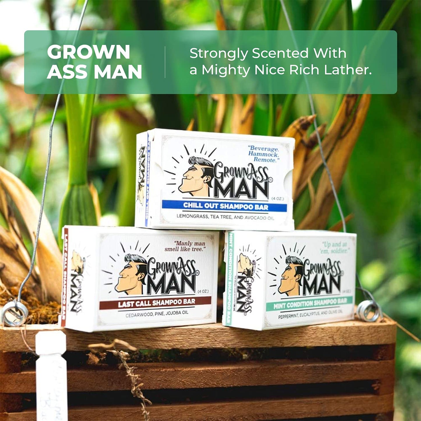 Grown Ass Man Co. - Solid Shampoo Bar Rich Lather 3 in 1: Hair, Beard & Body Wash - Plastic Free & Eco-Friendly, Natural & Organic Clean for All Hair Types, 4oz Bar (Mint Condition, Single)