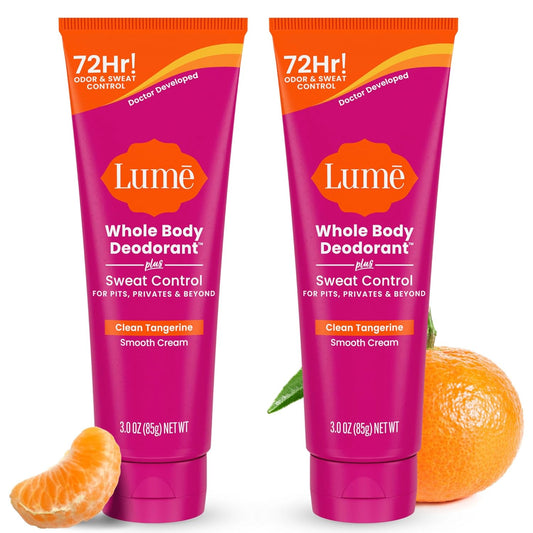 Lume Whole Body Deodorant Plus Sweat Control - Smooth Cream Tube - 72 Hour Odor And Sweat Control - Baking Soda Free, Skin Loving - 3.0 ounce (Pack of 2) (Clean Tangerine)