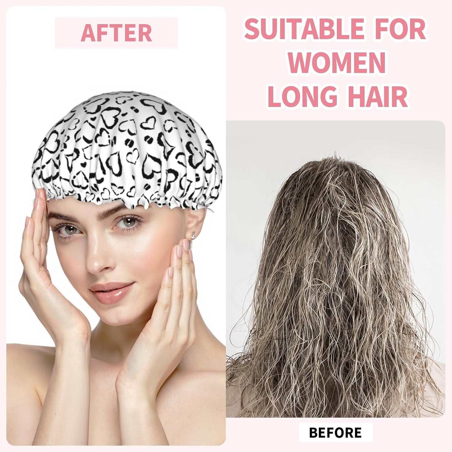 Black Heart Leopard Print Shower Caps Dual-Layer Waterproof Bath Hat Black White Hair Caps Elastic Reusable Hair Hat for Shower Cooking Clean Makeup Travel