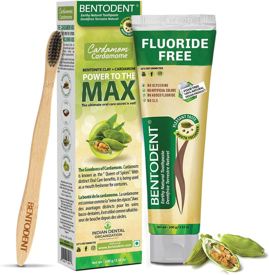 BENTODENT Fluoride Free Remineralizing Calcium Bentonite Clay Toothpaste - Cardamom Flavor Natural Toothpaste, Mint-Free, 3.52 oz - Ideal for Sensitive Teeth & Whitening with Toothbrush