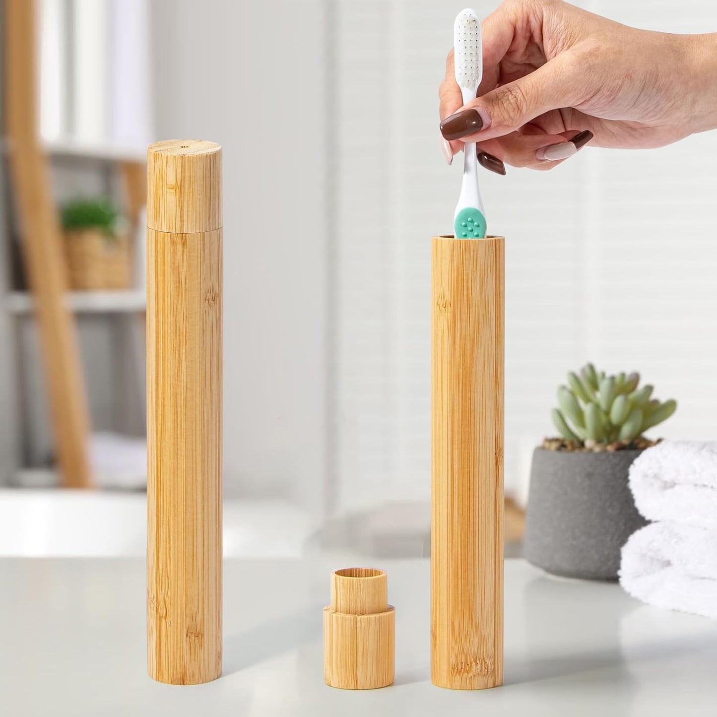 Yeeco 4 Pcs Portable Bamboo Toothbrush Case, Wooden Toothbrush Covers Storage Container Reusable Toothbrush Travel Holder Sustainable for Trip Camping Home Travelling