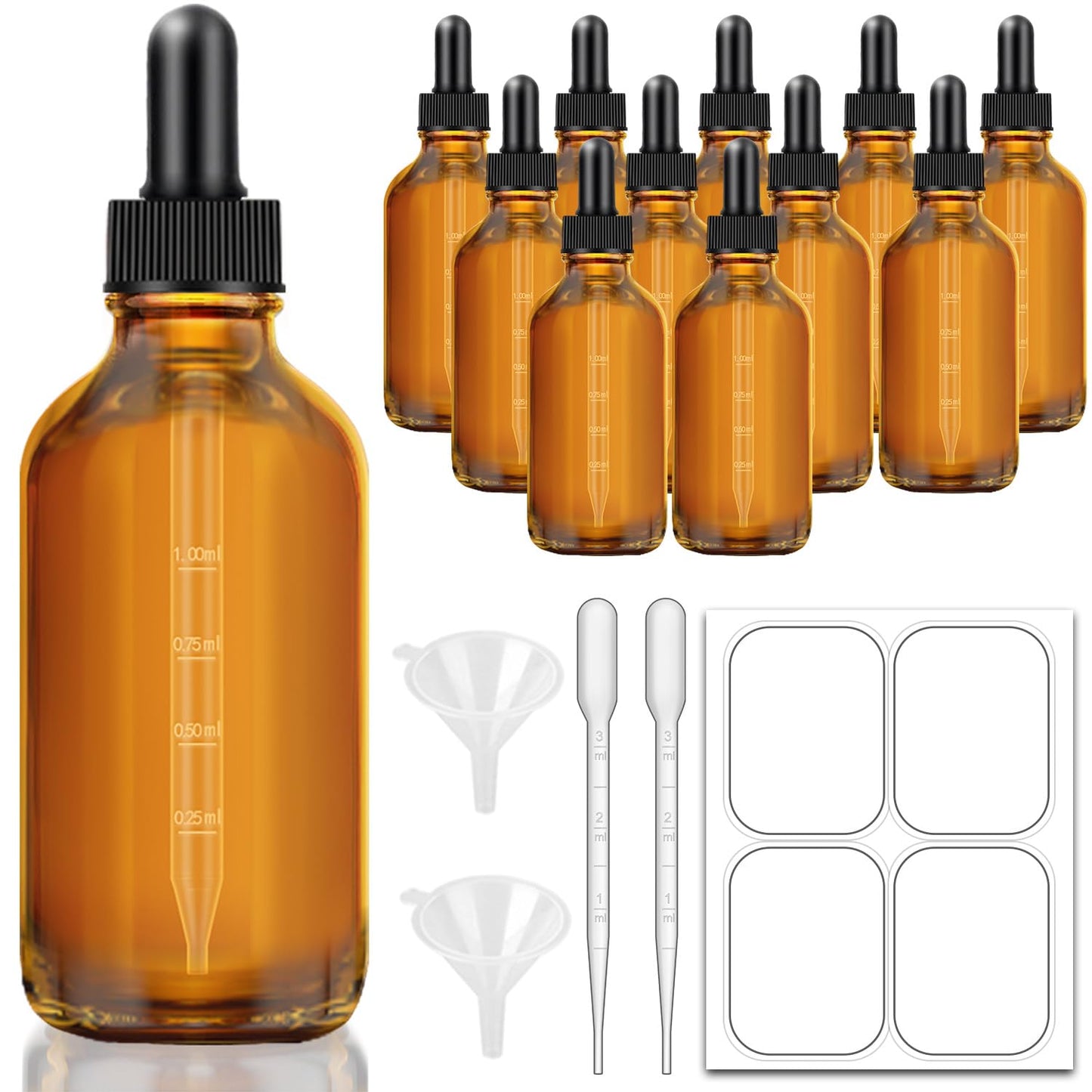 Bumobum Dropper Bottle 4 oz, 12 pack Amber Glass Eye Dropper Bottles for Essential Oils with Labels and Funnel, 120 ml Tincture Bottle with Plastic Measured Dropper