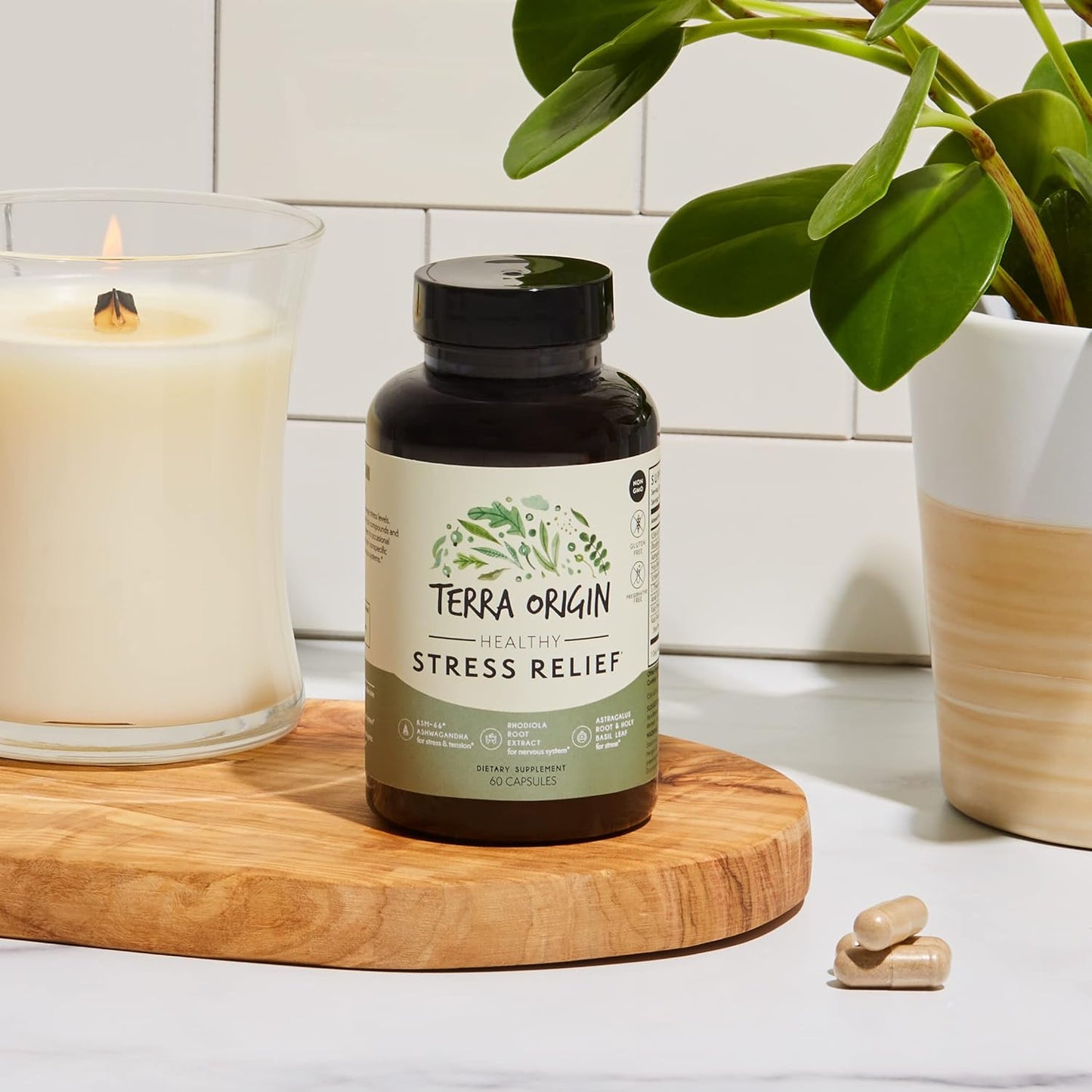 TERRA ORIGIN Healthy Stress Supplement | 60 Capsules | KSM-66 Organic Ashwagandha, L-Theanine, Rhodiola Extract, Astragalus Root and Holy Basil | Stress and Mood Support