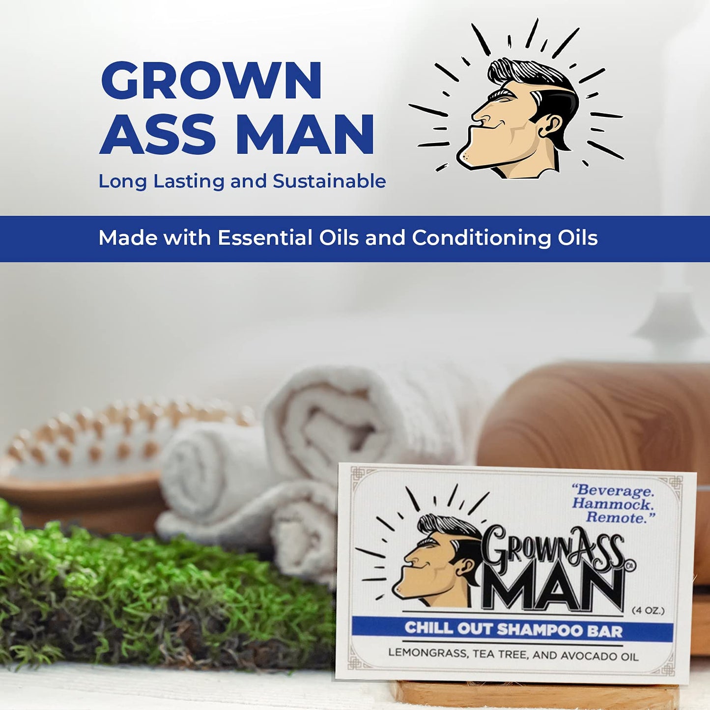 Grown Ass Man Co. - Solid Shampoo Bar Rich Lather 3 in 1: Hair, Beard & Body Wash - Plastic Free & Eco-Friendly, Natural & Organic Clean for All Hair Types, 4oz Bar (Chill Out, 3-Pack)