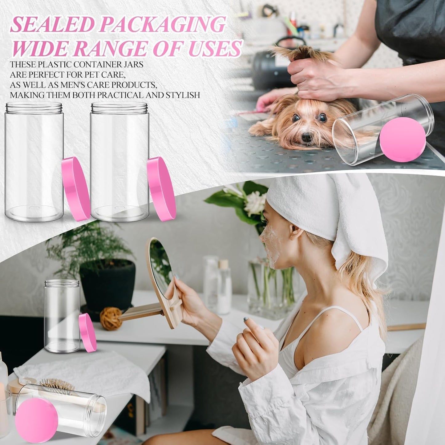 SATINIOR 12 Pack 32 oz Plastic Container Jars with Lids Round Clear Travel Cosmetic Container Slime Jars for Toiletries, Lotion, Cream, Ointments, Makeup, Rhinestone, Samples, Kitchen Storage(Pink)