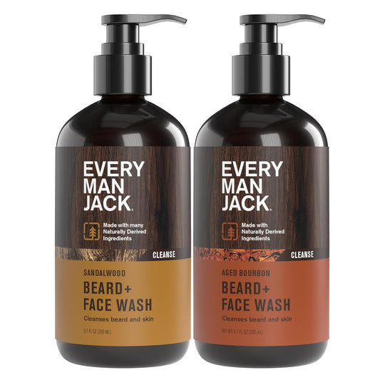 Every Man Jack Beard + Face Wash - Sandalwood & Aged Bourbon Bundle - Cleans & Softens Your Beard and Skin - Naturally Derived w/Aloe and Glycerin- 6.7 fl oz - 2 Pack