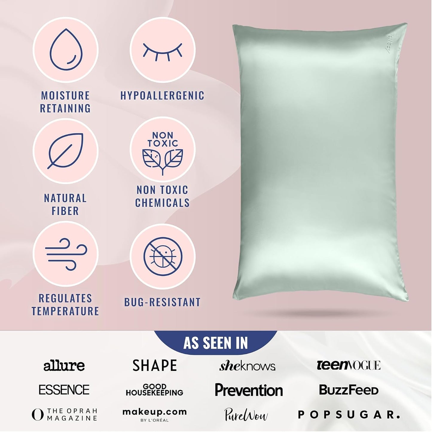 Blissy Silk Pillowcase - 100% Pure Mulberry Silk - 22 Momme 6A High-Grade Fibers - Silk Pillow Cover for Hair & Skin - Regular, Queen & King (Matcha, Standard)