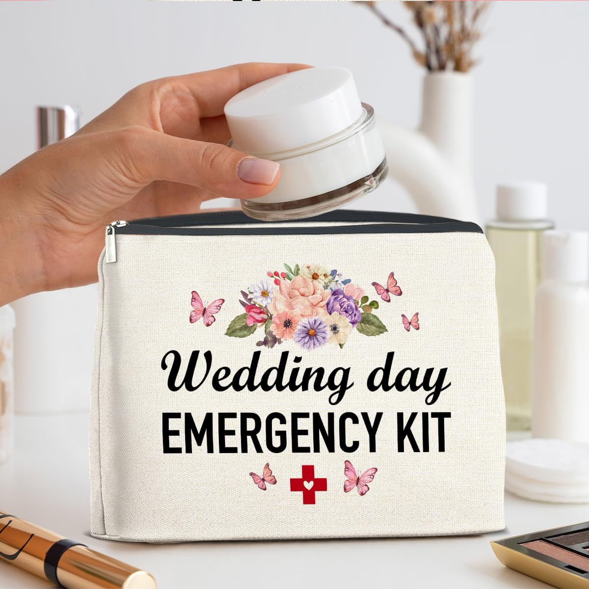 Wedding Makeup Bag Gifts for Bride Bridesmaids, Wedding Day Emergency Kit Floral Cosmetic Bag Zipper Makeup Pouch