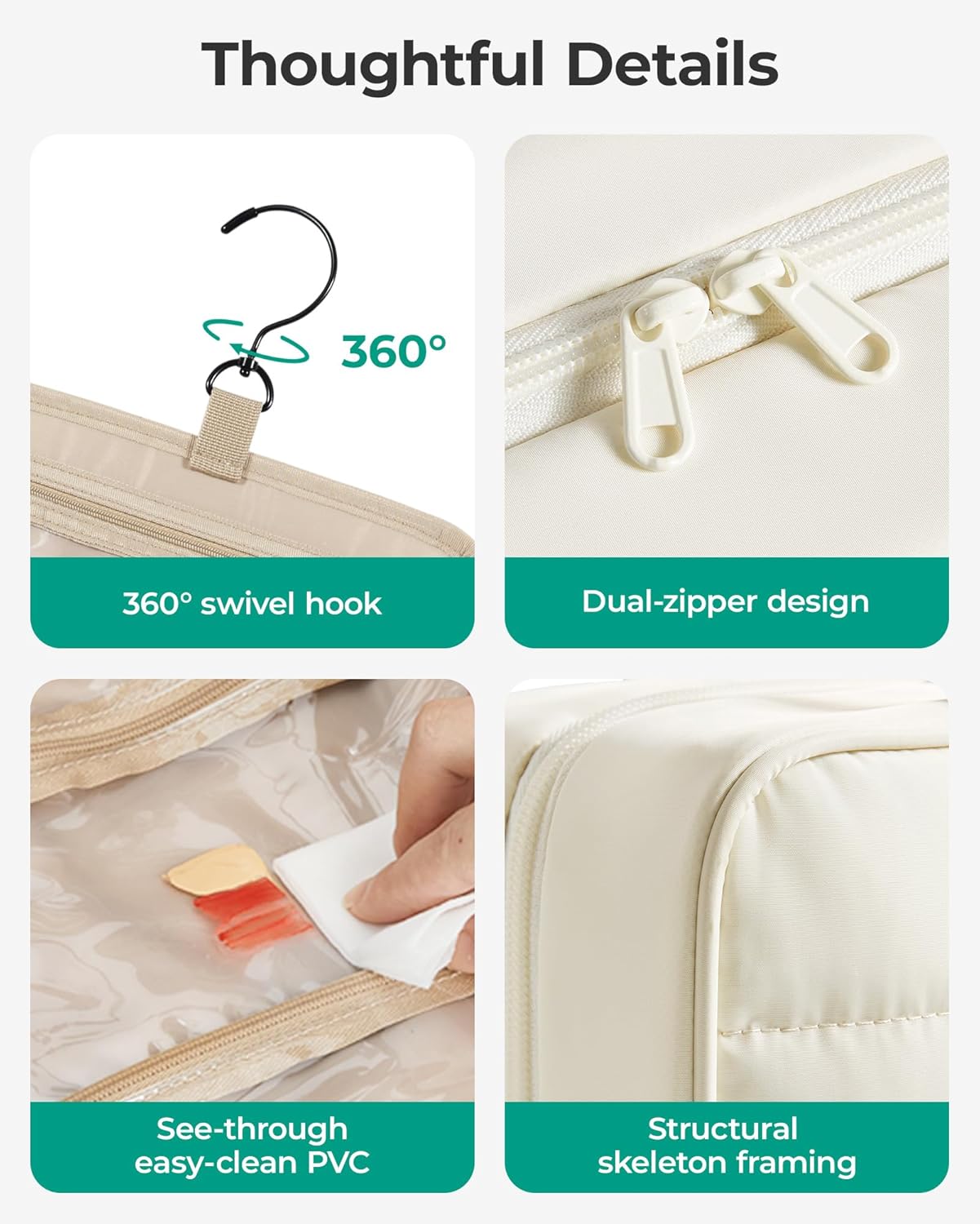 BAGSMART Travel Toiletry Bag for Womne, Hanging Travel Bag for Toiletries, Puffy Makeup Cosmetic Bag Organizer, Carry-on Travel Accessories Essentials, Beige