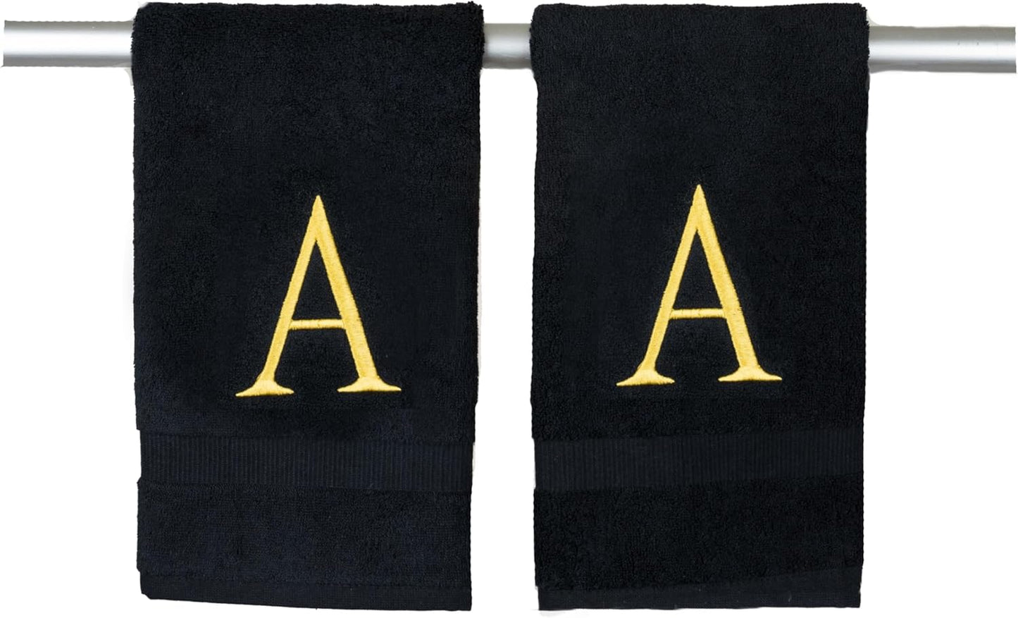 Black Monogrammed Hand Towels for Bathroom- Black and Gold Luxury Hotel Quality Personalized Initial Decorative Embroidered for Powder Room, Spa-GOTS Organic Certified - Pack of 2, Letter A