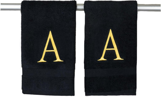 Black Monogrammed Hand Towels for Bathroom- Black and Gold Luxury Hotel Quality Personalized Initial Decorative Embroidered for Powder Room, Spa-GOTS Organic Certified - Pack of 2, Letter A