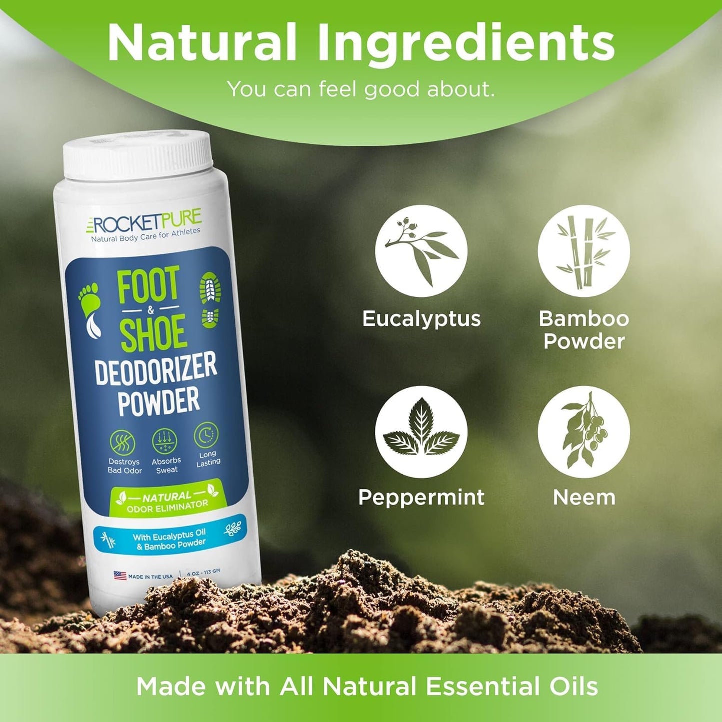 Rocket Pure Natural Foot & Shoe Deodorizer Powder - Eucalyptus Foot & Shoe Powder Odor Control - Removes, Controls & Prevents Odors - Made with Essential Oils - Made in USA (4oz, 2-Pack)