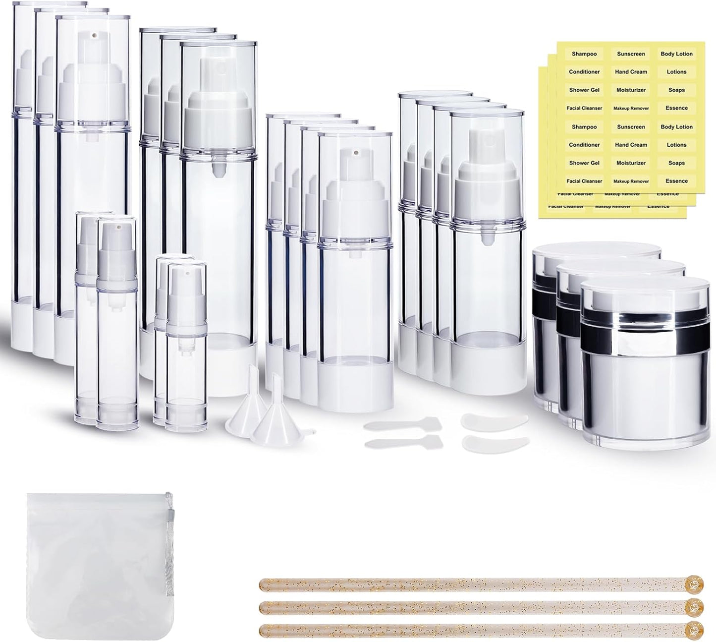 34 Pack Airless Pump Jars Set, 1.7/1/0.7/0.34oz Refillable Travel Size Containers, Leak-Proof Toiletry Bottles for Skincare and Creams, Lotion, Eye Cream, Liquid, Foundation, Shampoo