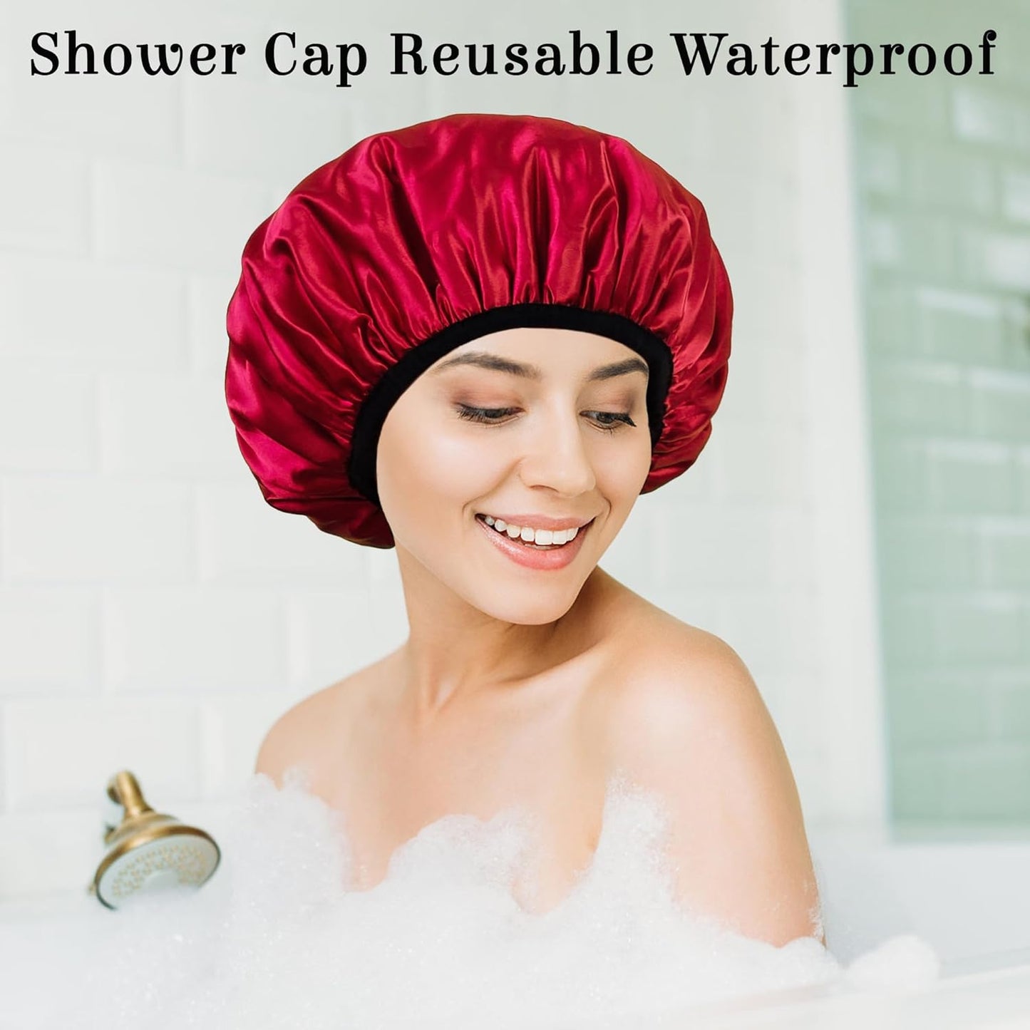 Shower Cap Reusable Waterproof, Terry Lined Shower Caps for Women, Triple Layer Hair Cap for Shower, Large Plastic Shower Cap for Braids Long Hair