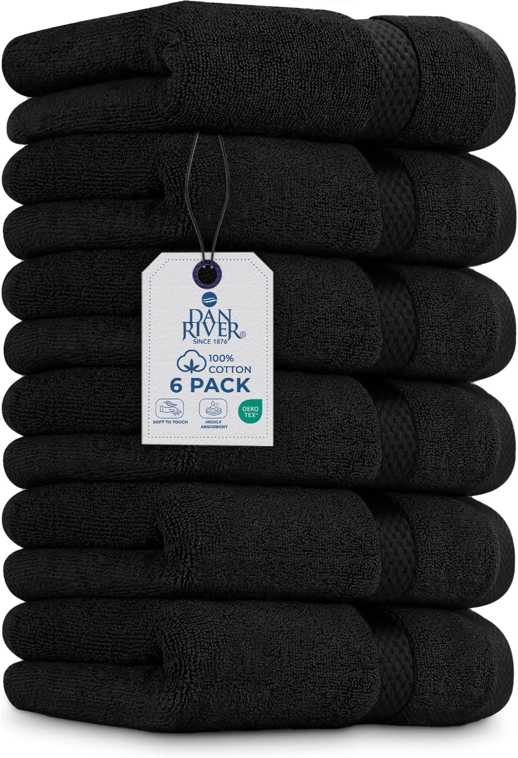 DAN RIVER 6-Pack Premium Hand Towels (16x28 Inches) - 100% Cotton, Ultra Soft, Lightweight, Highly Absorbent Towels for Bathroom, Spa, Gym, Salon, Hotel, and Travel - 550 GSM – Black