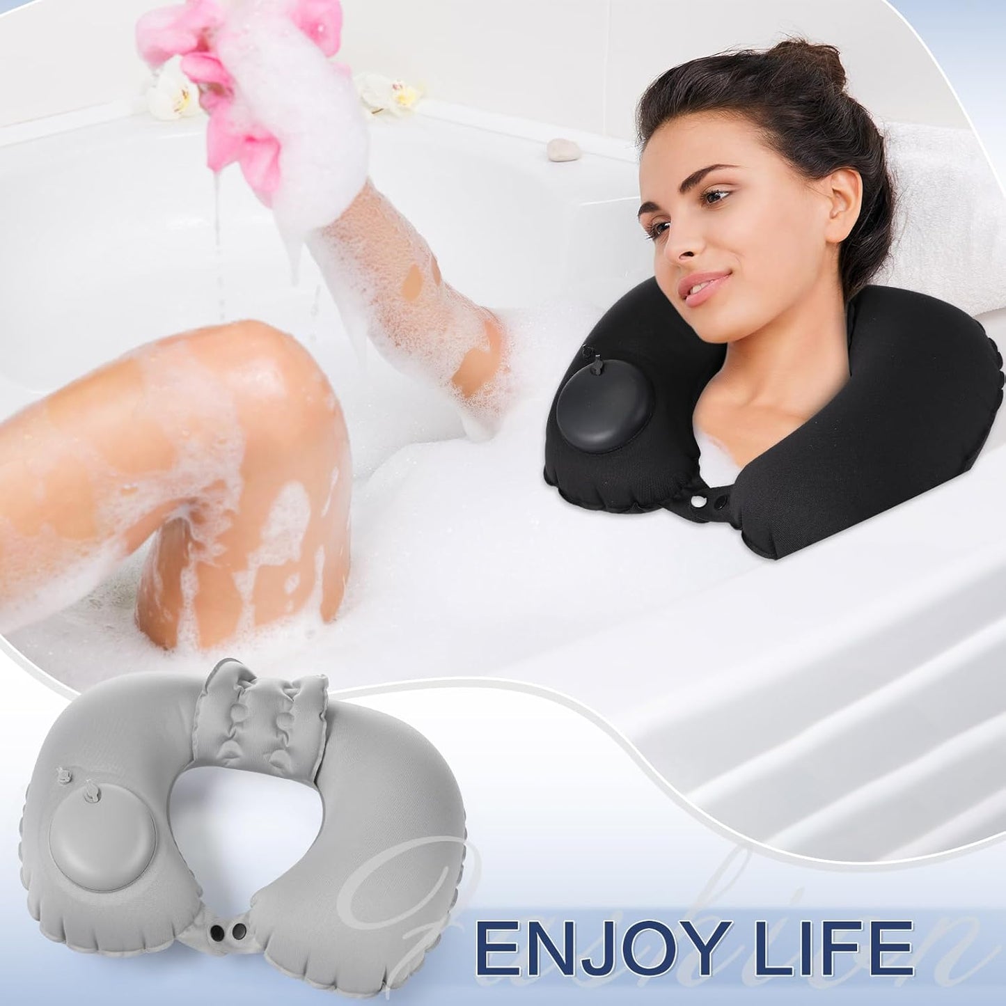 2 Pcs Inflatable Bath Pillows for Tub Bath Head and Neck U Shaped Blow up Full Body Travel Pillow with Adjustable Button Grey and Black Bath Tub Pillows for Airplanes Shower Spa