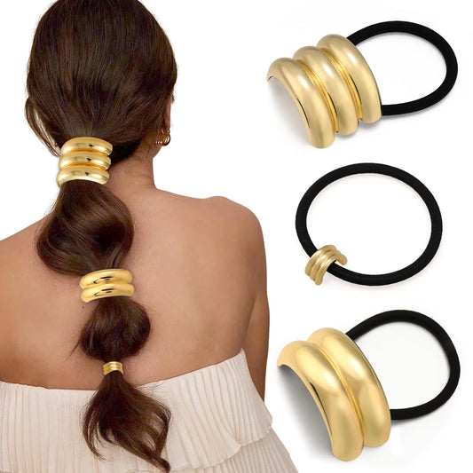 3PCS Gold Hair Ties, Metal Hair Ties for Thick Hair, Elegant Durable Geometric Design, Gold Hair Accessories Stretchy and Non-Damage Ponytail Holders