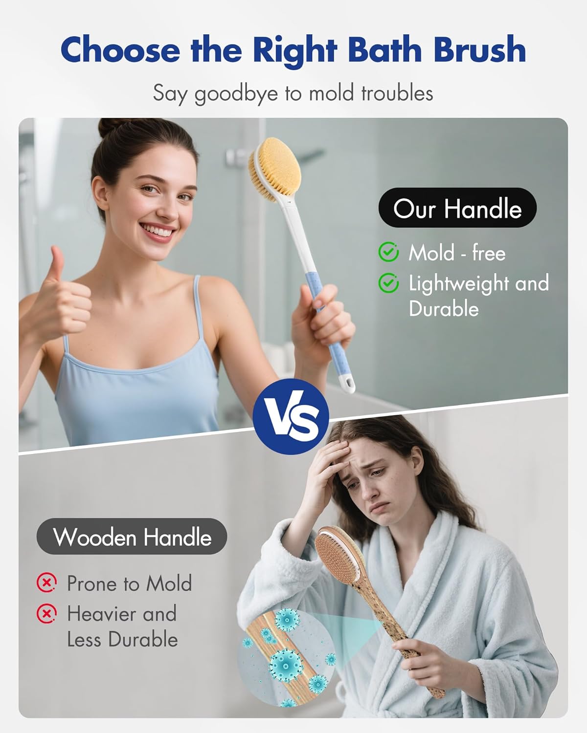 Back Scrubber Body Shower Brush: Anti Slip Long Handle Bath Brush with Stiff and Soft Bristles - Showering Exfoliator Wet or Dry Brushing for Women, Men, Elderly (Blue)