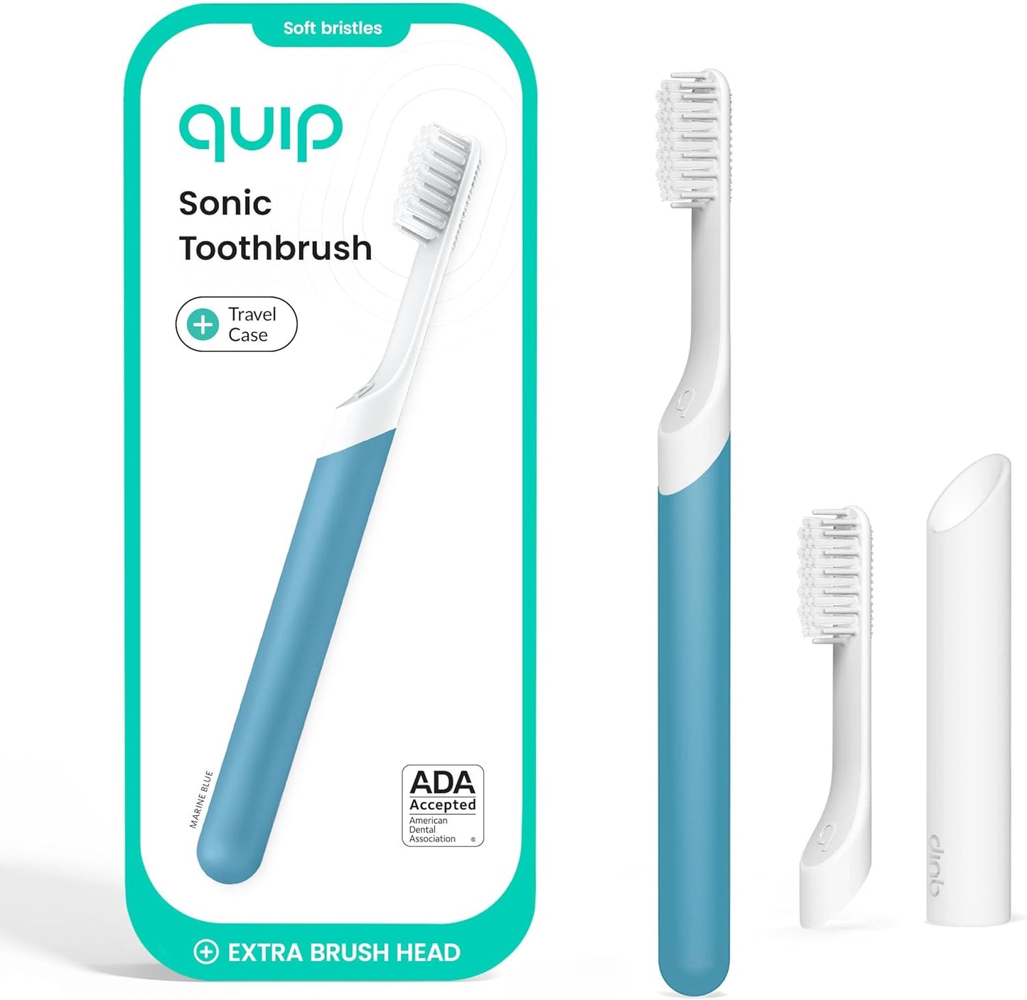 Quip Plastic Sonic Electric Toothbrush for Adults - Time Travel & Soft Bristles with Travel Case & Replacement Brush Head - 3 Month Battery Life - Marine Blue
