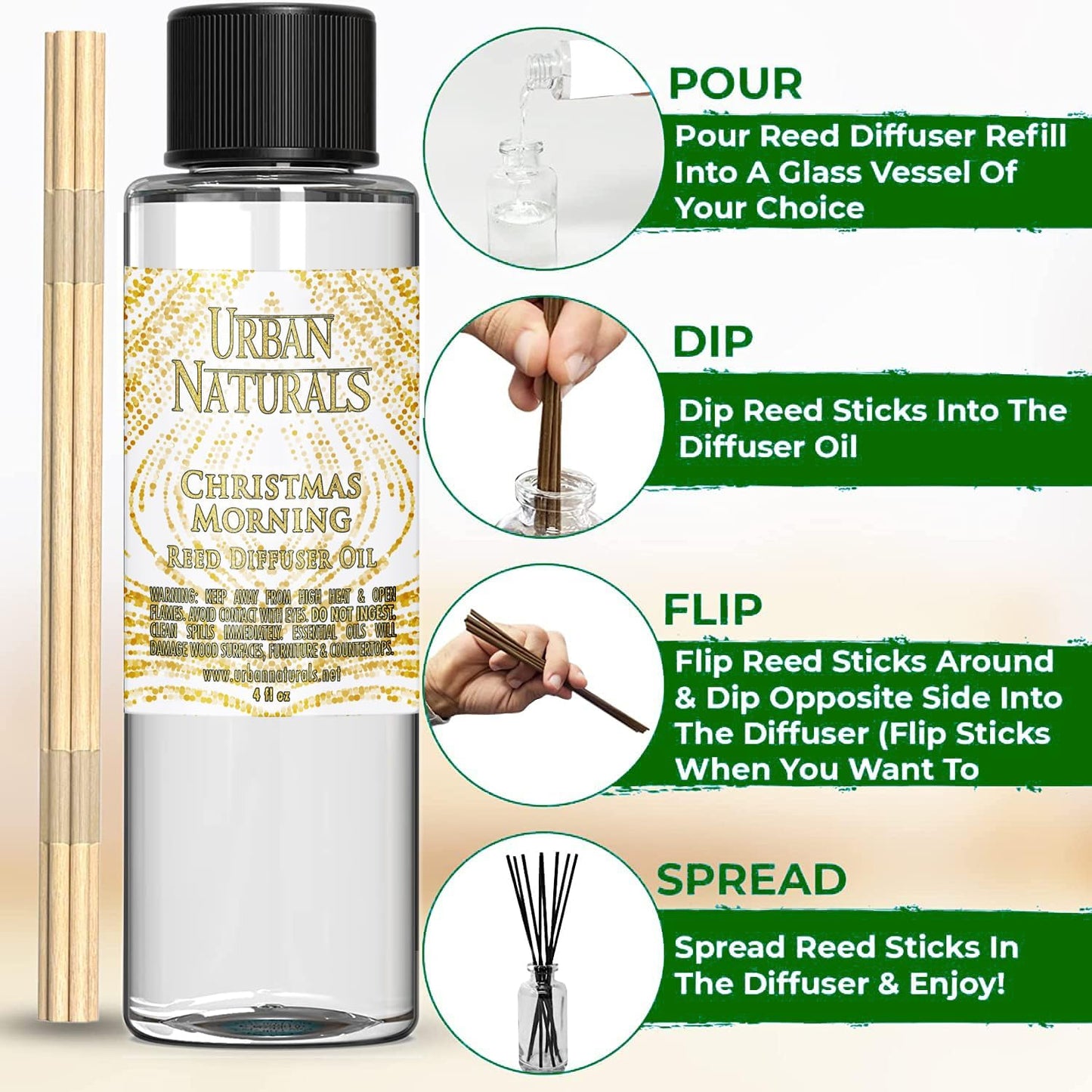 Urban Naturals Reed Diffuser Oil Refill Christmas Morning, Rosemary, Eucalyptus, Balsam Spruce, Orange, Essential Oils, 4 oz + Free Reed Sticks, Made in The USA