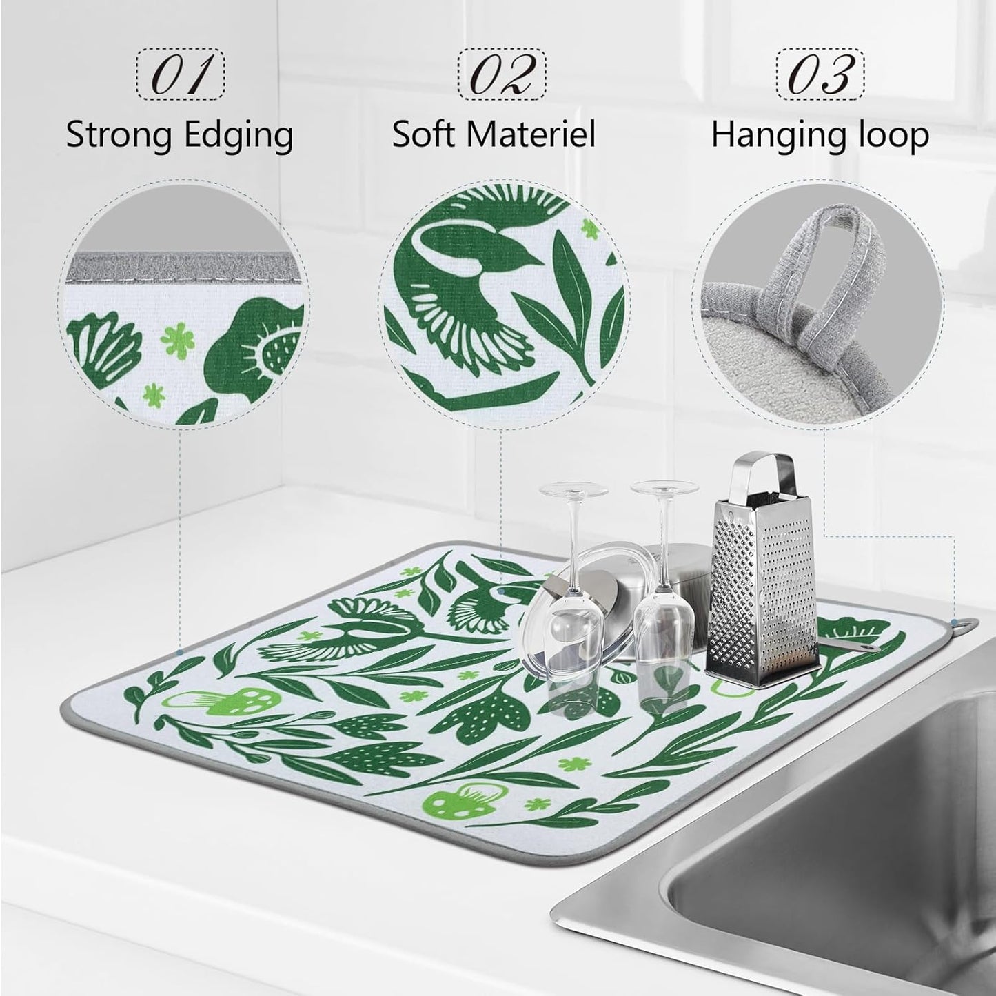 SHIYUE Dish Drying Mat for Kitchen Counter Super Absorbent Spring Kitchen Decor Microfiber Drying Matainers Rack Fast Pad Dish Drainer Mats(Green Flower Bird,18''x24'')