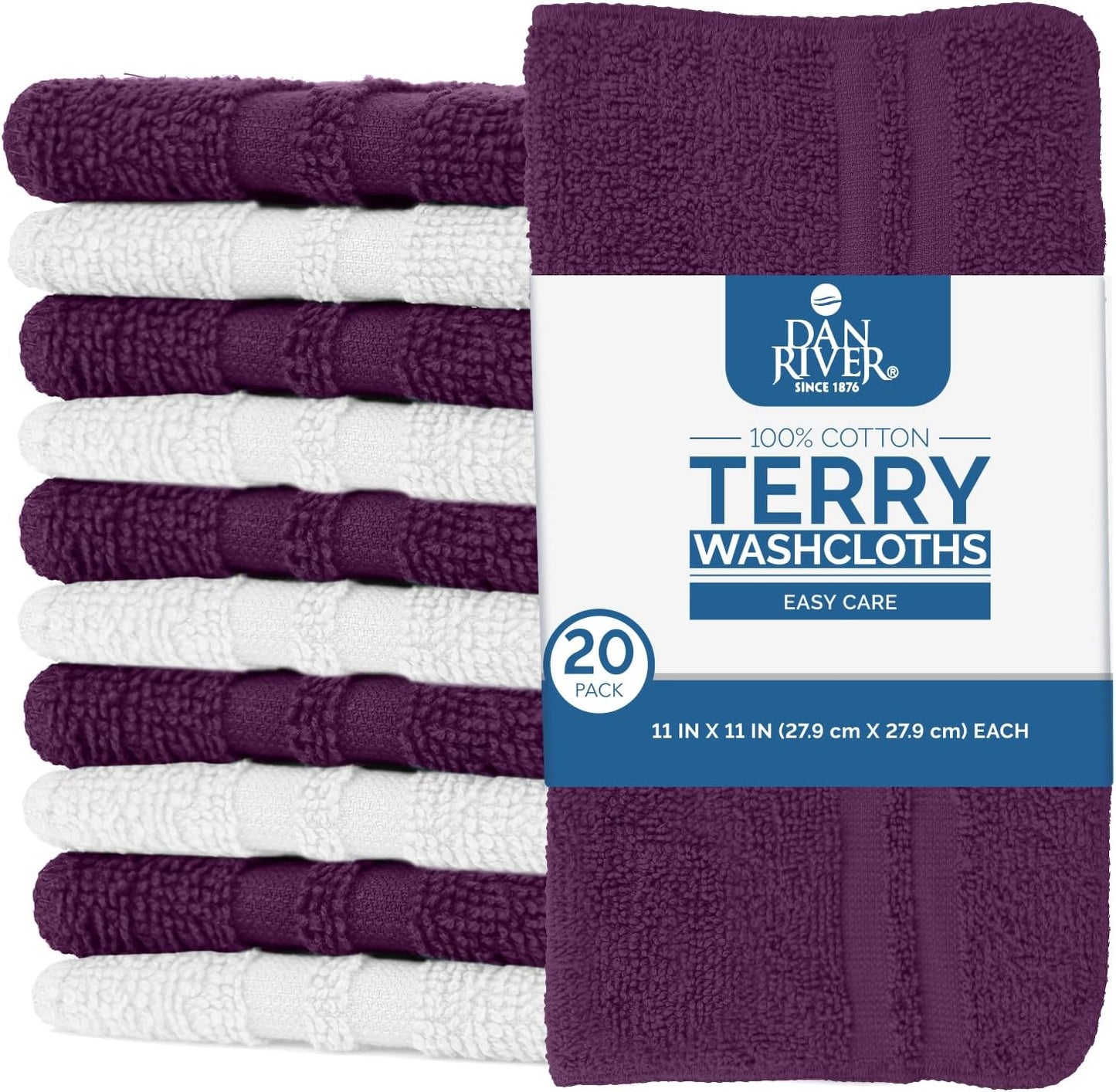 DAN RIVER 100% Cotton Washcloths 20 Pack Premium Quality Face and Body Cloth, Quick Dry Essential Towels for Bathroom, Hand, Kitchen & Cleaning, Baby Washcloths | 11X11 in|400 GSM|Purple Passion+White