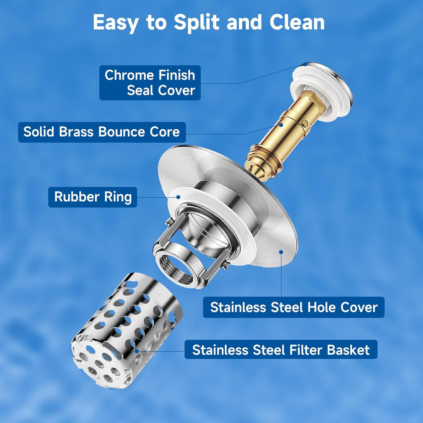 Bathroom Sink Stopper with Pop Up Design, Universal Sink Drain Strainer with Removable Stainless Steel Basket, Brass Core, Chrome, Anti-Clog Sink Drain Stopper for Hair & Debris, Fits 1.1-2.36" Basin