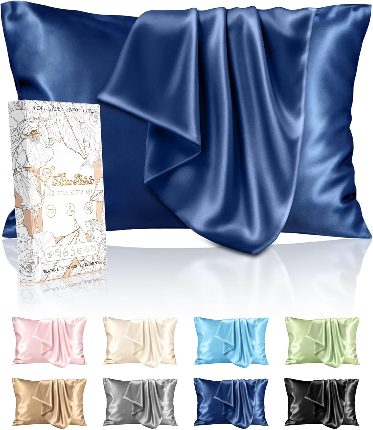 Silk Pillowcase 2 Pack - Pillow Cases King Set of 2 Size 20" x 36" for Hair and Skin Smooth Soft Breathable with Hidden Zipper Cooling Pillow Covers for Women, Navy Blue