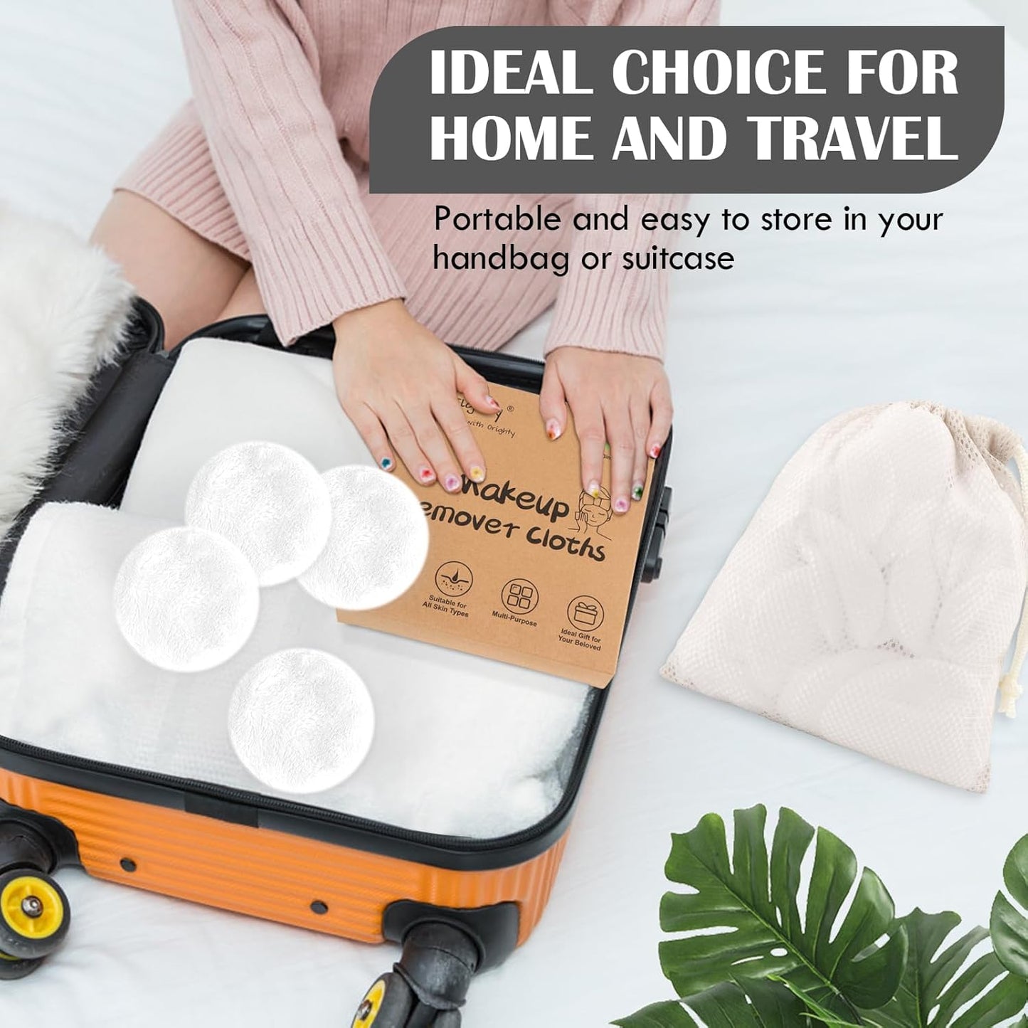 Orighty Reusable Microfiber Makeup Remover Pads 50 Count, Eco-Friendly Facial Cleansing Cloths, Round Shape, Super Soft, Ideal Gift with Laundry Bag (White)