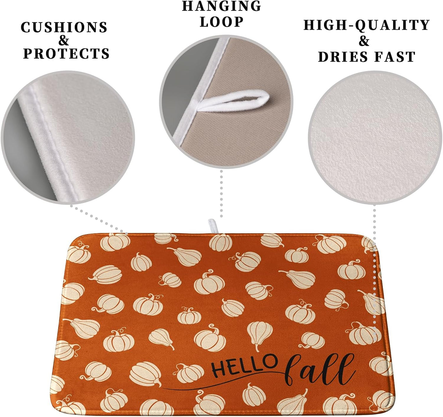 Hello Fall Drying Mat for Kitchen Counter Autumn Orange Pumpkin Dry Dish Mat Thanksgiving Absorbent Microfiber Dish Draining Washable Dish Drainer Rack Mat Large 18x24 Inch