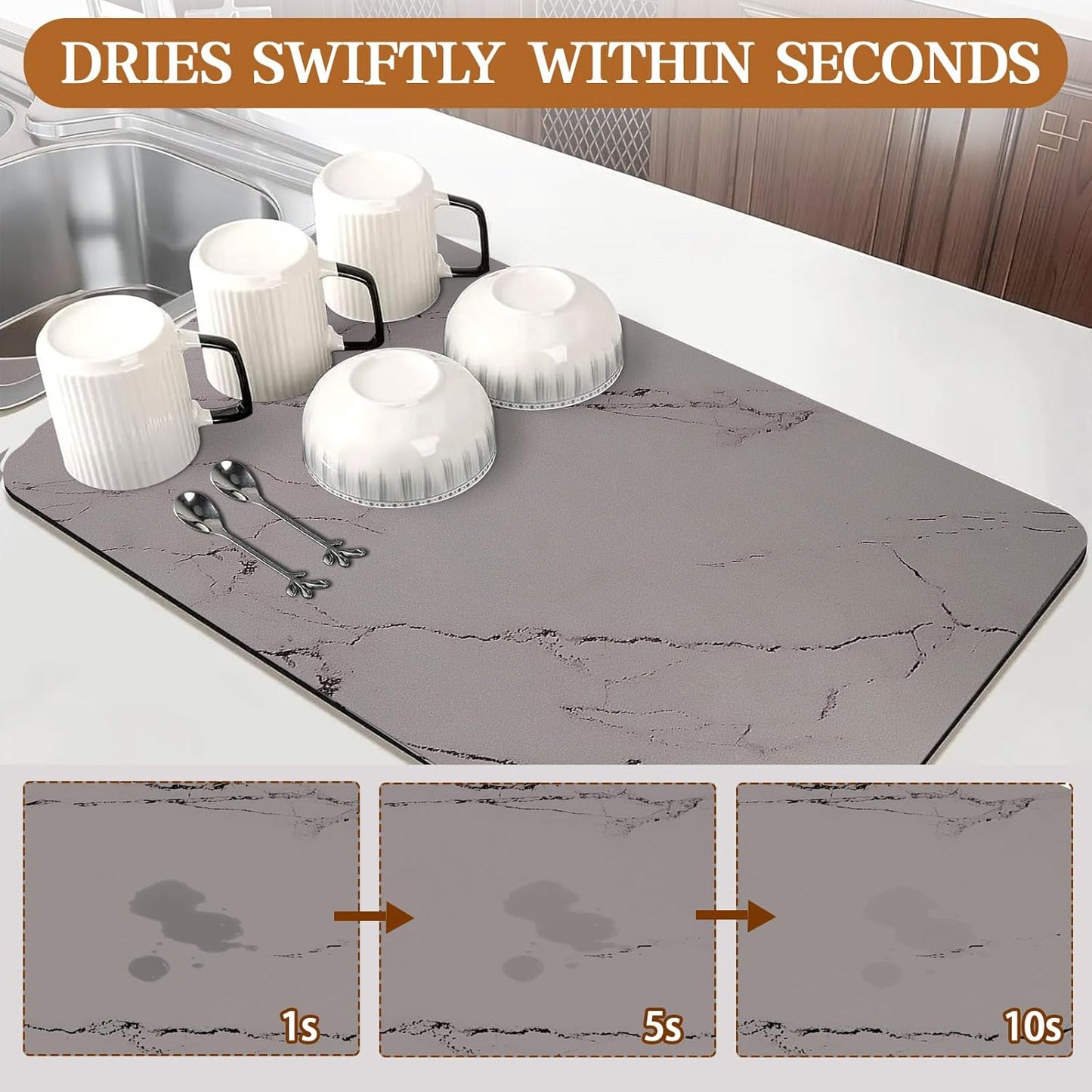 Dish Drying Mats for Kitchen Counter, 24"x16" Absorbent Coffee Bar Mat, Quick Dry Dish Rack Pad with Rubber Backed Non-Slip Marble Pattern Kitchen Counter Dish Draining Mat Easy to Clean (Gray)