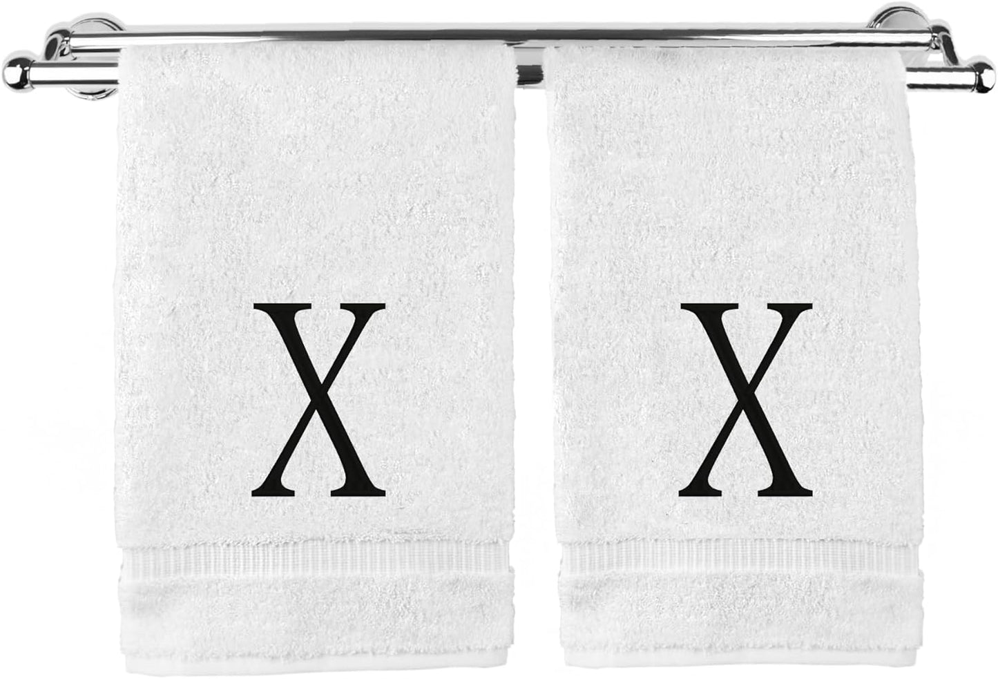 Monogrammed Hand Towel, Personalized Initial Gift, Extra Absorbent 100% Turkish Cotton - Soft Terry Finish - Set of 2 - Black Block Initial X - Embroidered on White Towels