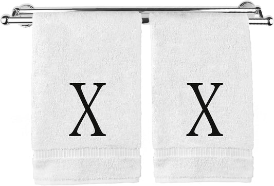 Monogrammed Hand Towel, Personalized Initial Gift, Extra Absorbent 100% Turkish Cotton - Soft Terry Finish - Set of 2 - Black Block Initial X - Embroidered on White Towels