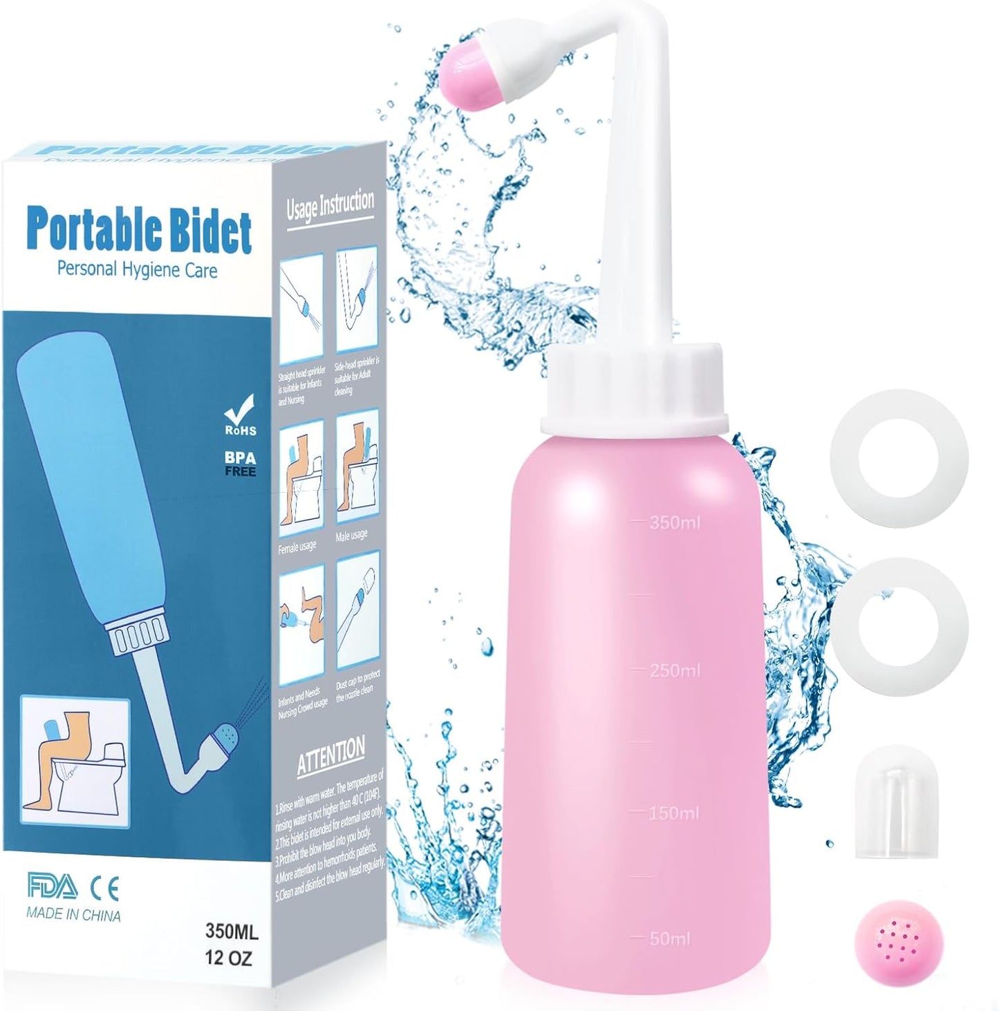 RUFCRIL Mini Peri Bottle, 350ml Portable Travel Bidet with Extra Ring and Carry Bag, TPE Material for High Temperature Resistance, Essentials for Postpartum Perineal Care,Hemorrhoid Treatment, Pink