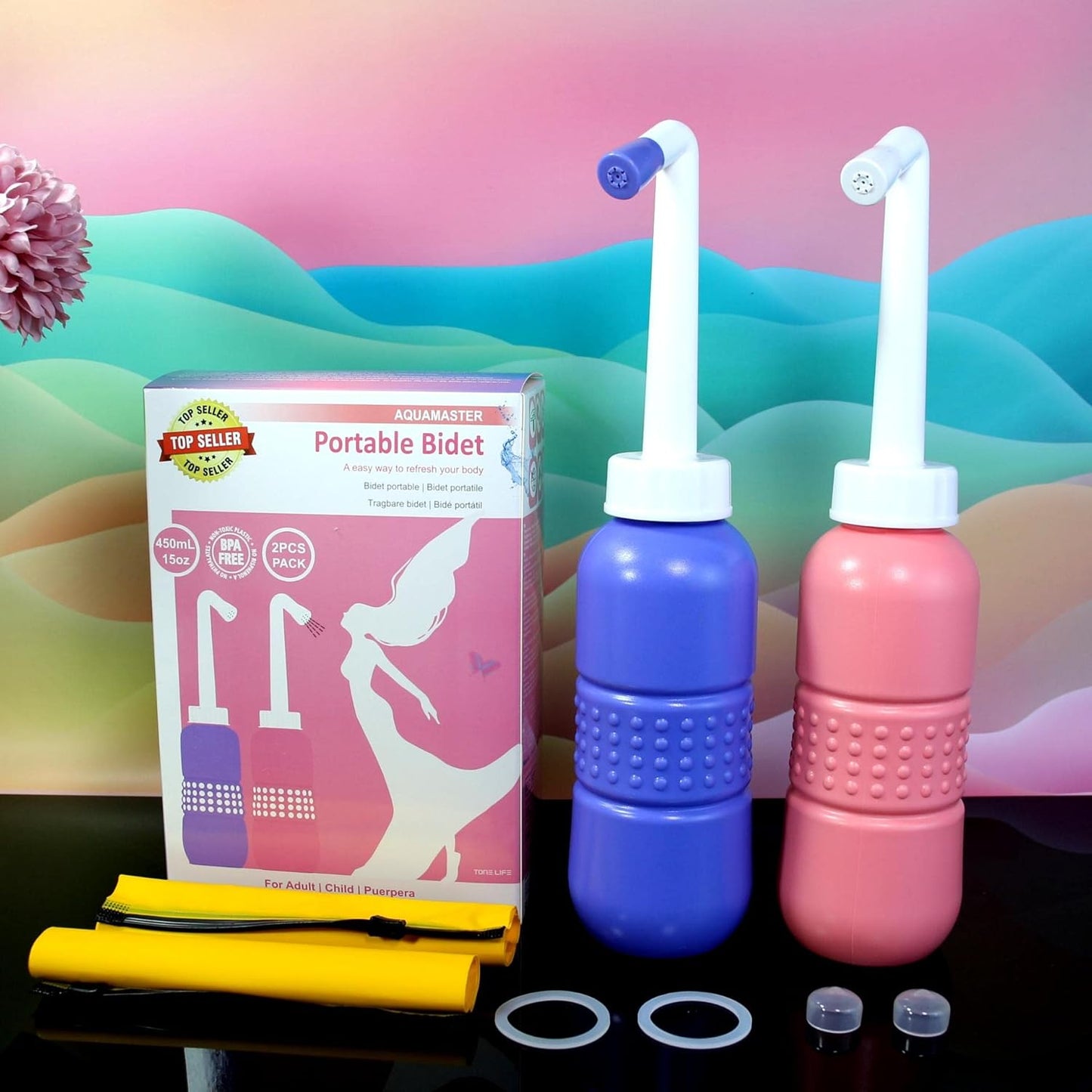 2PCS Pink+Blue Portable Bidets +Water Seal Cap - 15oz Peri Bottle for Postpartum Perineal Care- Baby Travel Bathing kit, Travel Bidet Bottle - 450ml Portable Bidet for Birth Tears, Hemorrhoids, Pain