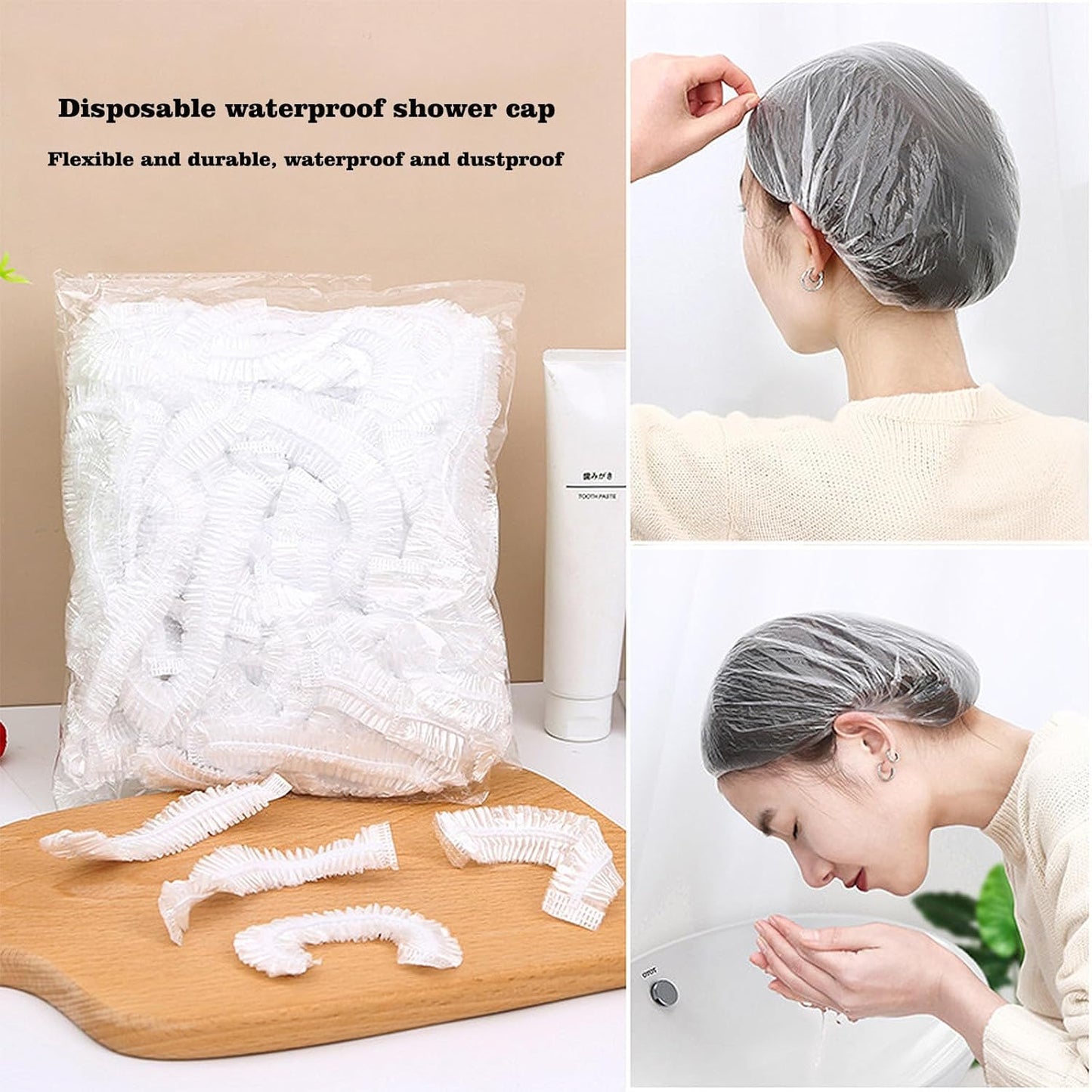 200 PCS Disposable Shower Caps Thickened Waterproof Hair Bath Caps for Women Men Girls Travel Spa Hotel Home Use Salon - Multi-Purpose Elastic Plastic Shower Caps, Essentials Accessories 18.1" (Clear)