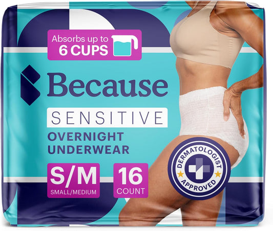 Because Adult Incontinence Underwear for Sensitive Skin - Women - Premium Overnight Disposable Briefs, Anti Odor - White, Small/Medium - Absorbs 6 Cups - 16 Count (Pack of 1)