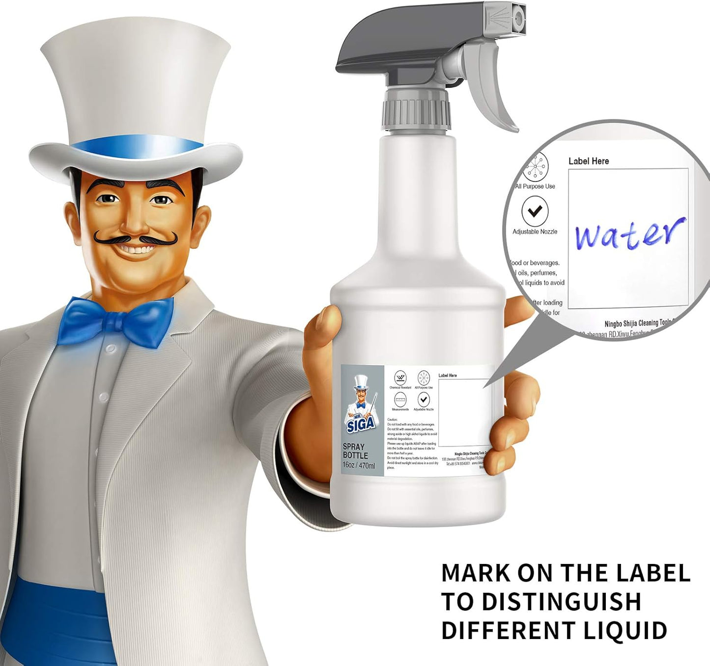 MR.SIGA 16 oz Empty Plastic Spray Bottles for Cleaning Solutions, Heavy Duty Household Reusable Spray Bottles with Measurements and Adjustable Leak Proof Nozzle, 3 Pack