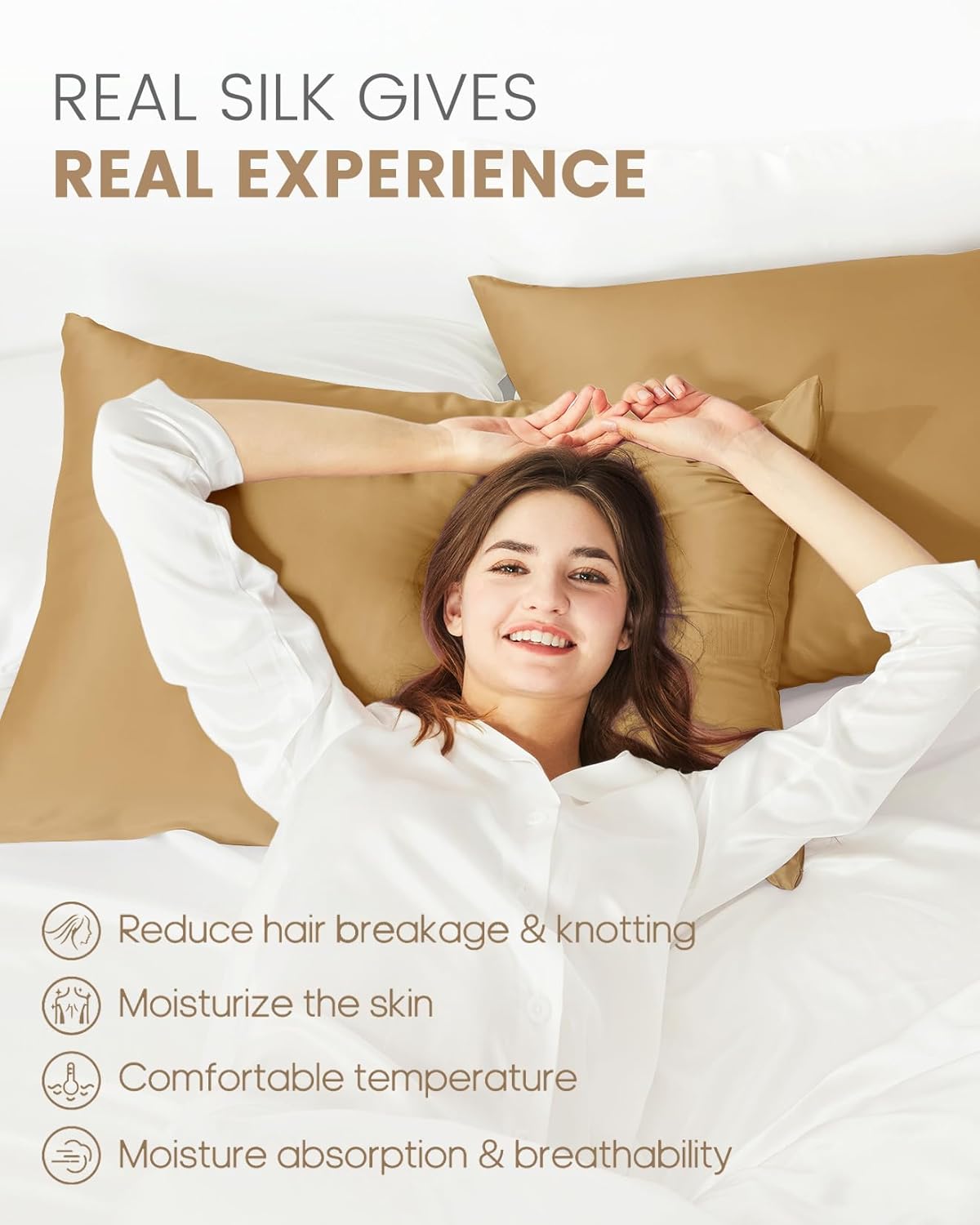 THXSILK Set of 2 100% Mulberry Silk Pillowcase for Hair and Skin Health, Soft Breathable and Smooth Pillowcases with Hidden Zipper, Both Sides Pure Silk, California King 20"x40", Metallic Gold