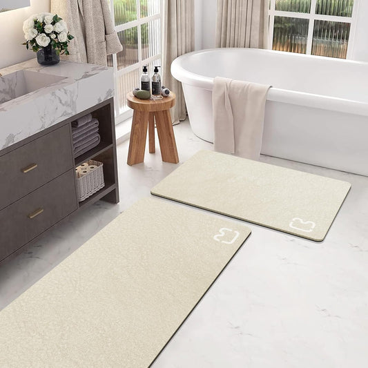 2 Piece Bathroom Mat Rugs Set - Quick Dry Absorbent Diatomaceous Earth Bath Mat Non-Slip Bathroom Floor Mat with Rubber Backing, Thin Bathroom Rugs Fit Under Door, 15.7x23.6+15.7x47.2 Inch, Beige
