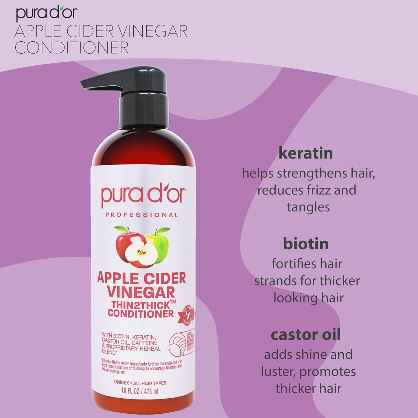 PURA D'OR Apple Cider Vinegar Thin2Thick Set (16oz x 2) ACV Shampoo & Conditioner, Clarifying - Biotin, Keratin, Caffeine, Castor Oil, Aloe - All Hair Types, Men & Women (Packaging may vary)