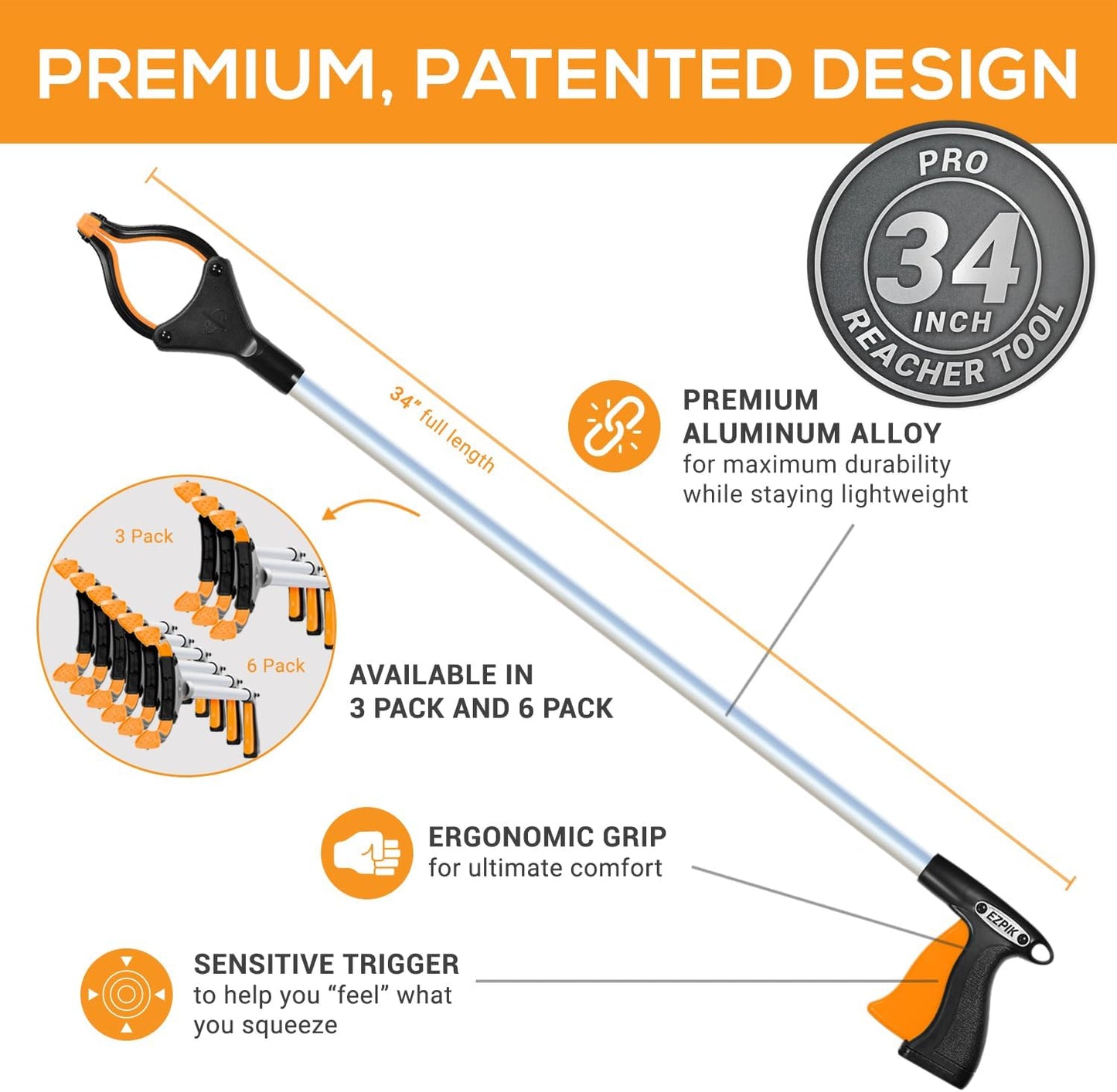 EZPIK Pro 34" Foldable Grabber Reacher Tool for Seniors - Grabbers for Elderly Reaching Tool Heavy Duty Pickup Trash Picker Upper Equipment - Claw Grabber Stick for Reaching Aids, Weed Gripper 6-Pack