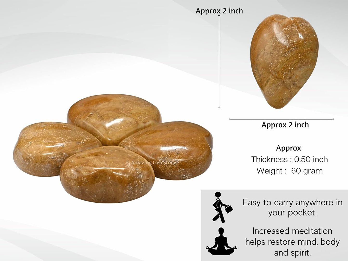 Amazing Gemstone Yellow Jasper Crystal Heart Palm Stone - Pocket Massage Worry Stone for Natural Body Chakra Balancing, Reiki Healing and Crystal Grid